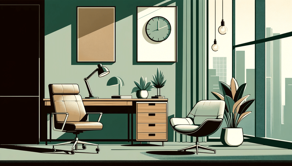 Simplistic flat design of an office with two chairs, desk, and city view window, in green and brown shades.