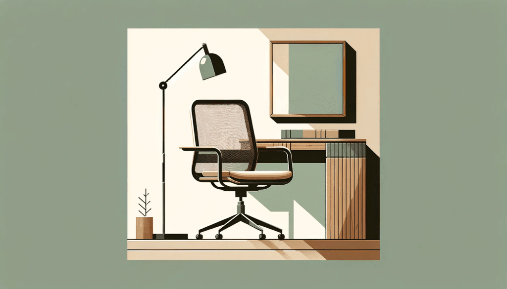 Serene home office with a mesh back chair, wooden desk, and floor lamp, in a flat minimalist design.