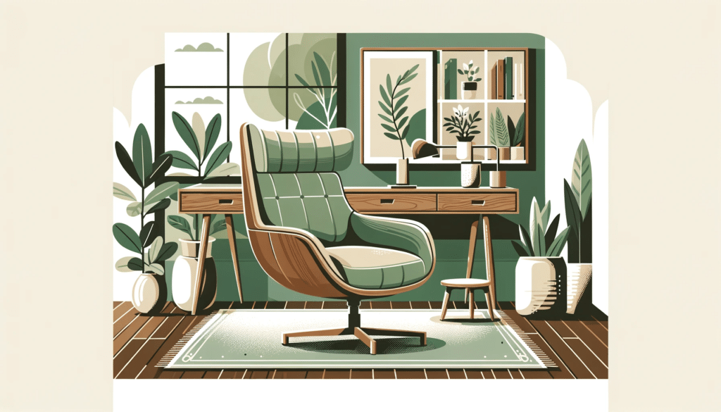 Bright home office with armchair-style office chair, rustic desk, and lush greenery view, flat design.