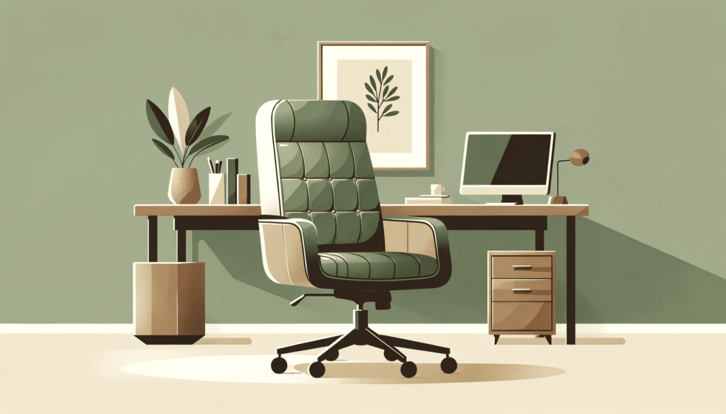 Chic home office with cushioned green executive chair and wooden desk, in a minimalist flat design.