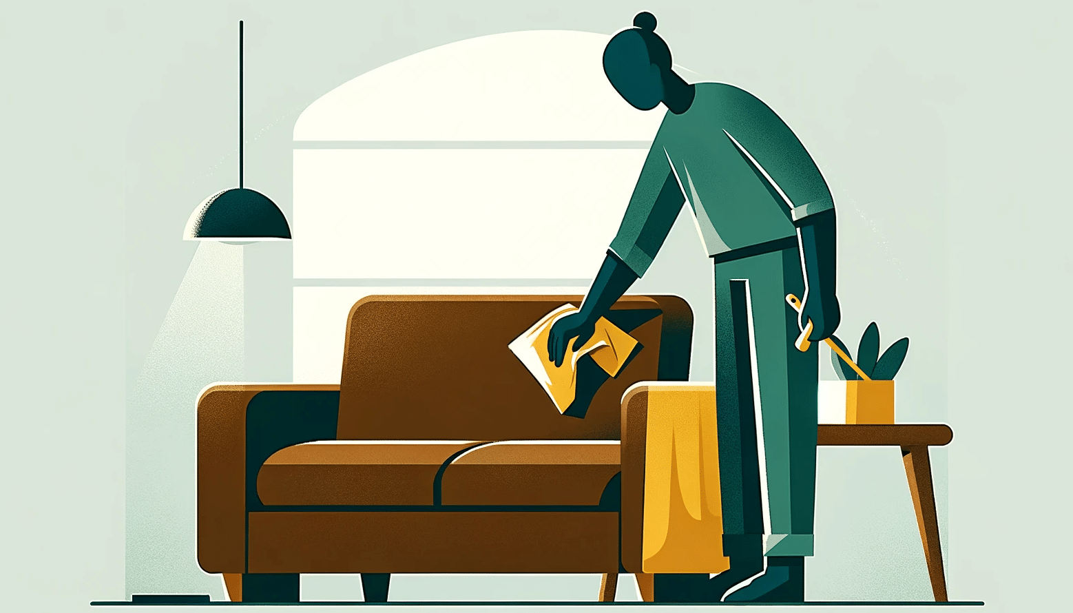 Person with a yellow cloth wiping a brown leather couch, flat design.