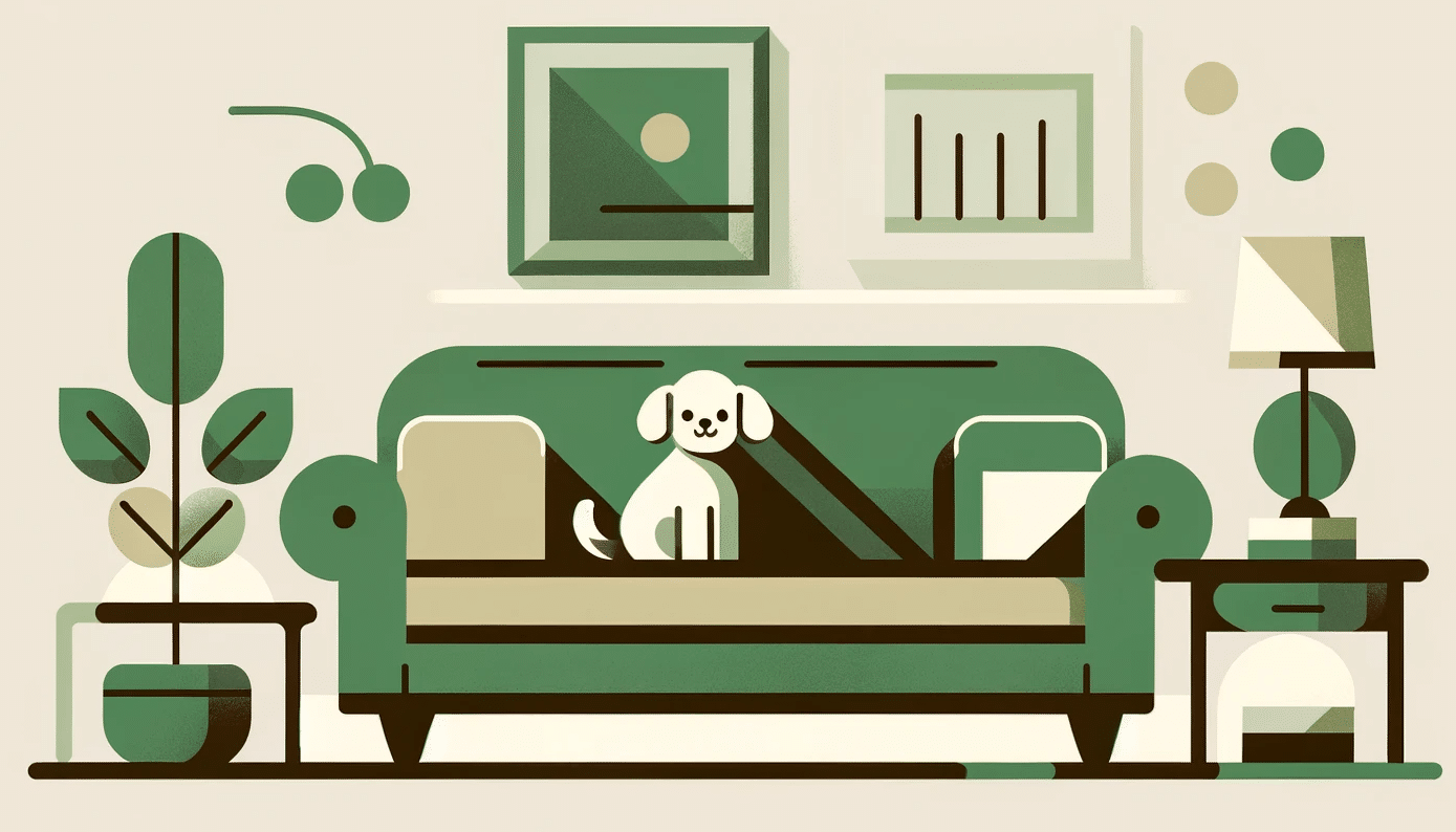 Stylized small dog sitting on a simple couch in a pet-friendly minimalist living room.