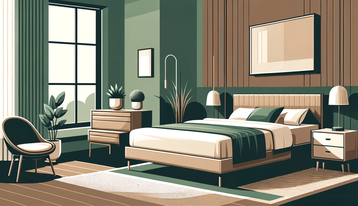 Modern flat design bedroom with green and brown tones, featuring minimalist furniture for a cozy atmosphere.