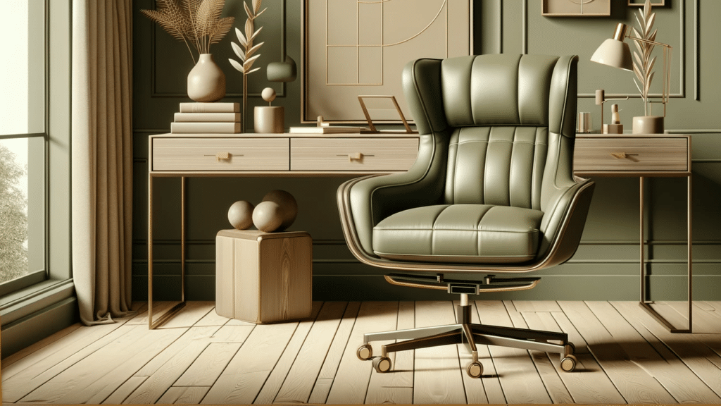 Sophisticated home office with plush green executive chair and wooden desk, flat design style.