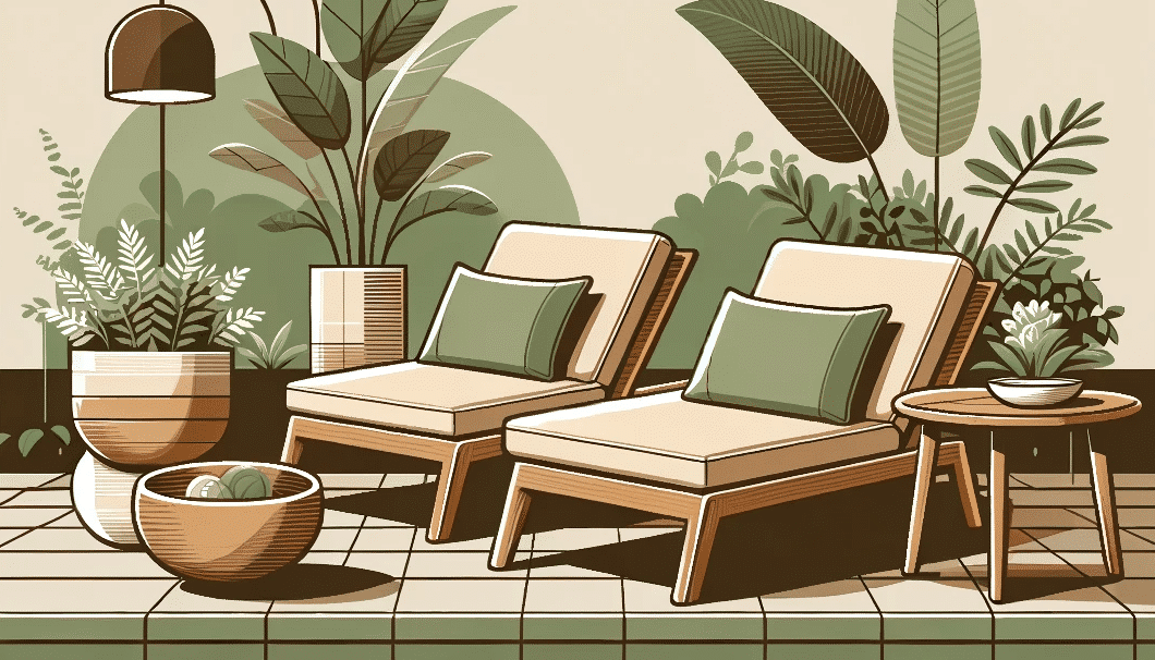 Minimalist flat design of outdoor lounge chairs with cushions, wooden side table, and greenery.