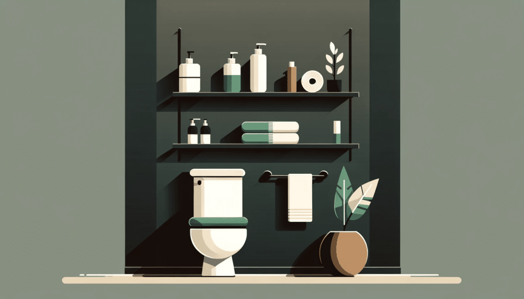 Simplistic bathroom interior with black shelves, green and brown accents, and a flat design aesthetic.
