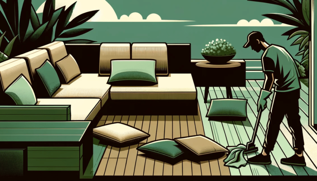 "Minimalist illustration of a person tidying cushions on an outdoor sofa amidst plants, in shades of green and brown