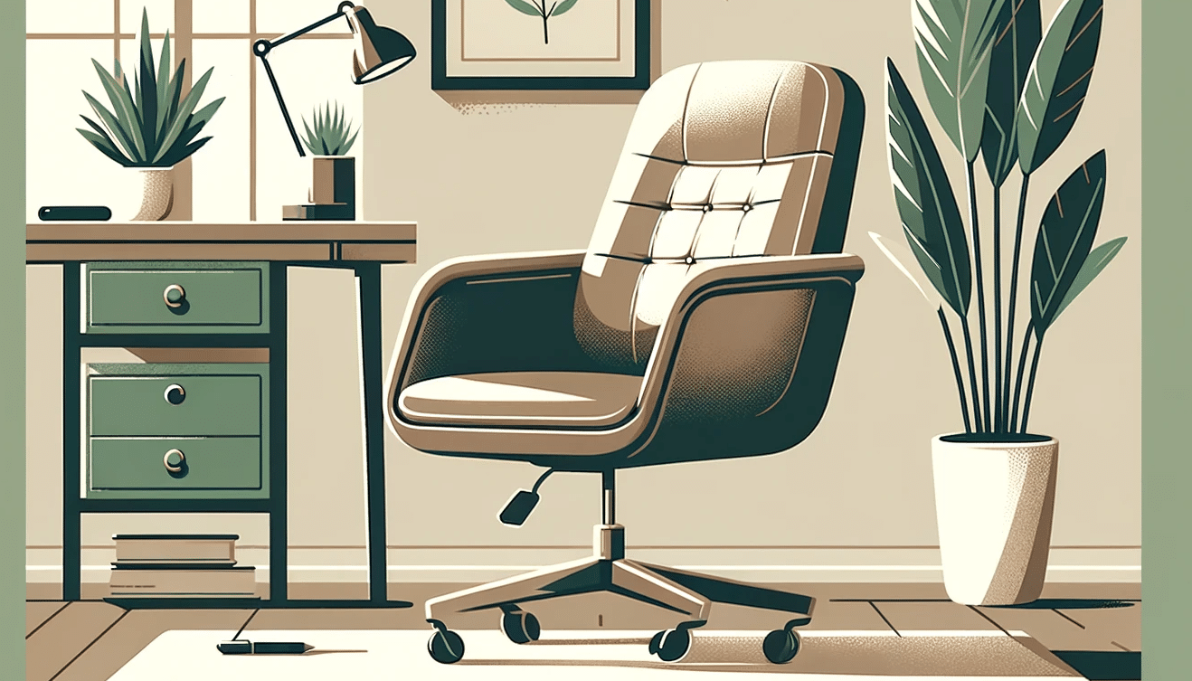 Minimalist home office with green and brown office chair, desk with plants, lamp, and framed artwork.