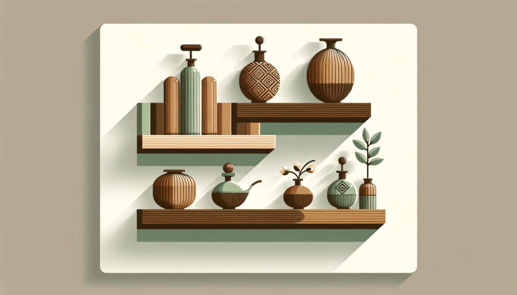 Minimalist wooden shelf with green and brown decor items in flat design style