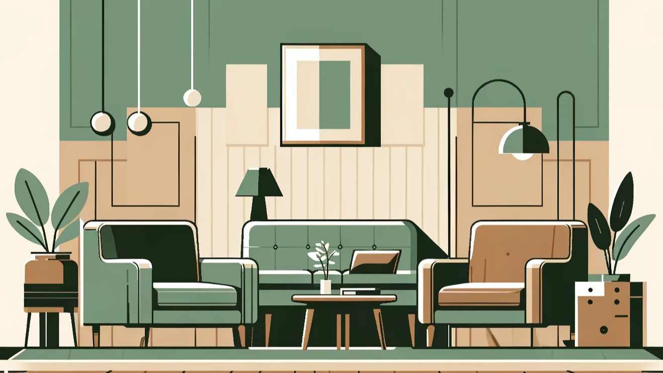 Simplistic living room with armchairs and couch in green and brown tones, flat design.