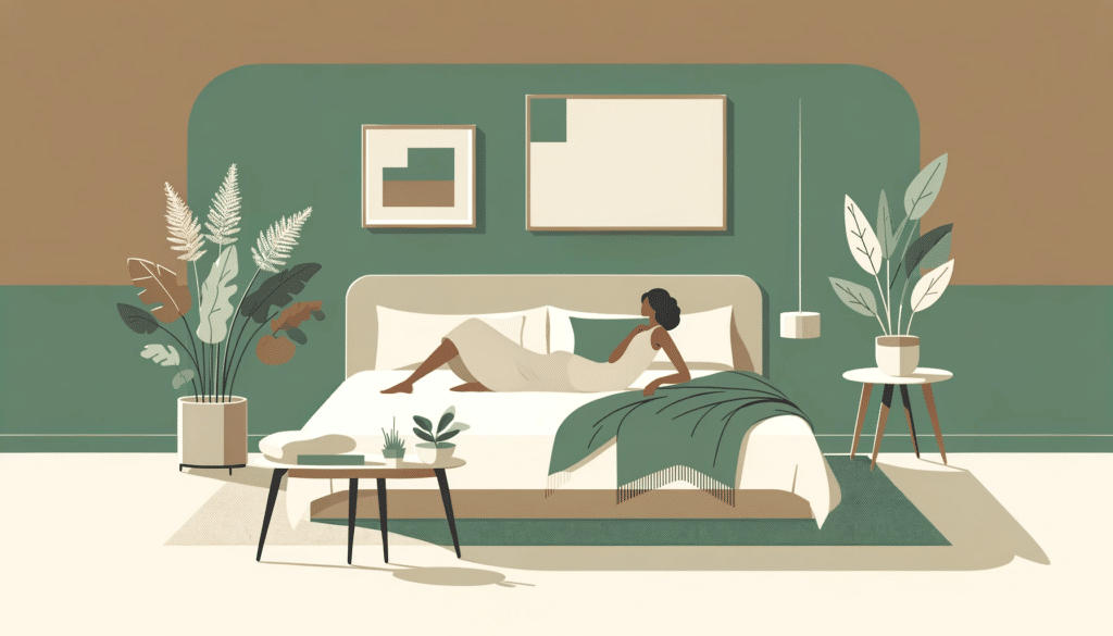 Woman lounging on a bed with green and brown minimalist decor.