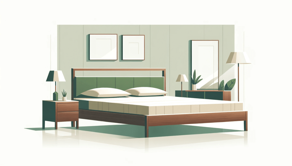 Stylish wooden bed frame in a minimalist green and brown bedroom with matress.