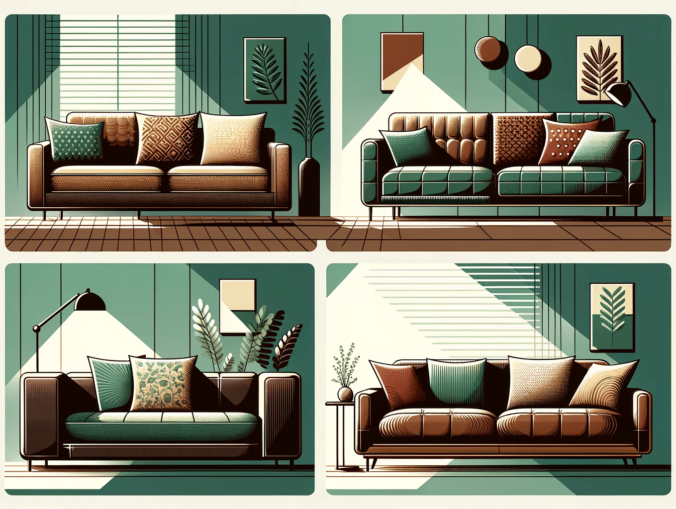 Four minimalist couch cushion designs in green and brown, flat design style.