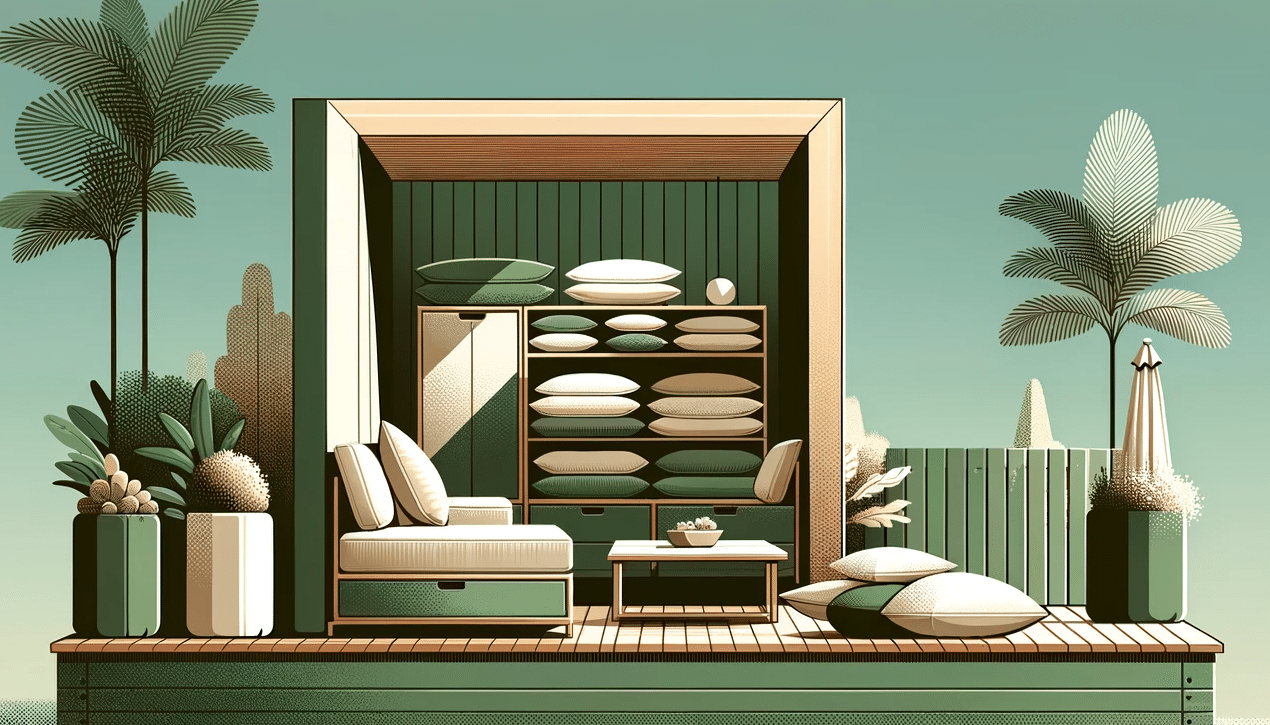 A minimalist outdoor cushion storage unit in shades of green and brown, integrating with a serene patio setting.