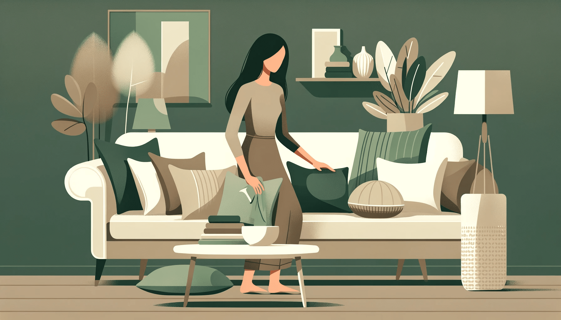 Woman tidying up sofa cushions in a minimalist green and brown living room.