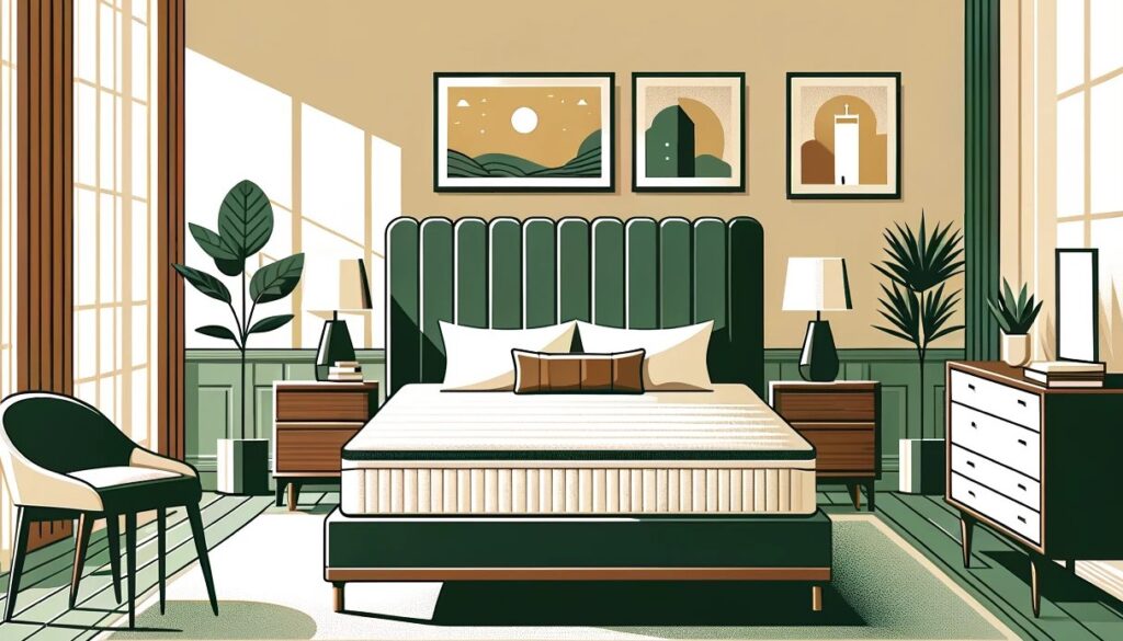 Minimalist illustration of a California king mattress in a stylish bedroom with green and brown tones.



