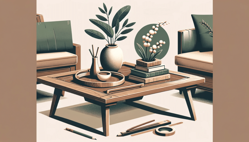 Stylish wooden coffee table with a tray, books, and plant, depicted in a minimalist flat design using a green and brown palette.