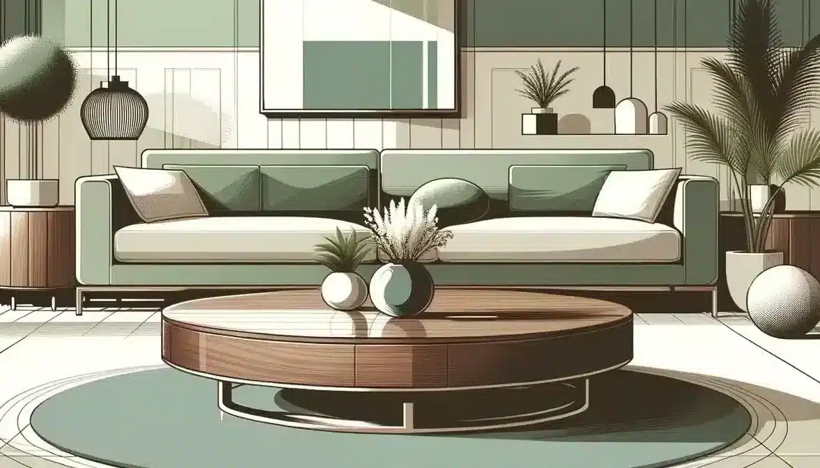 Serene living room with a central round coffee table, designed in a minimalist flat style with green and brown hues.