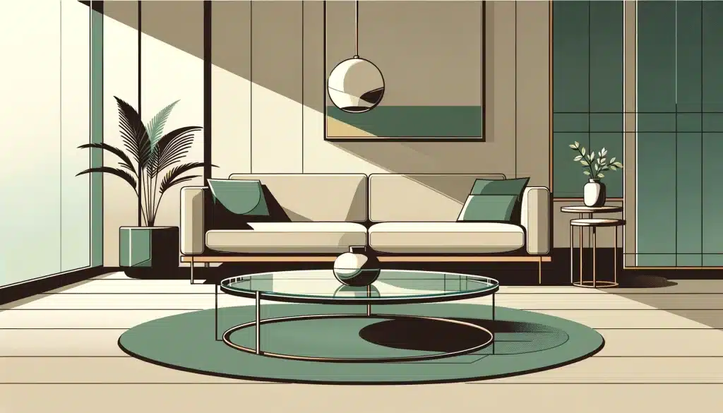 Modern living room featuring a minimalist glass coffee table in a flat design style with green and brown color accents.