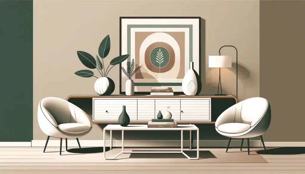 Minimalist illustration of a white console table in shades of green and brown, emphasizing sleek lines and functionality.