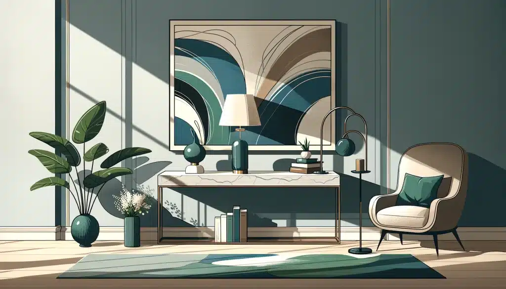 "Minimalist illustration of a console table in shades of green, emphasizing sleek lines and functionality.