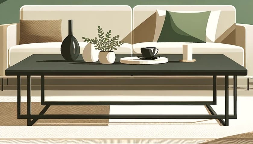 Elegant living room with a modern coffee table, rendered in minimalist flat design using a green and brown color scheme.