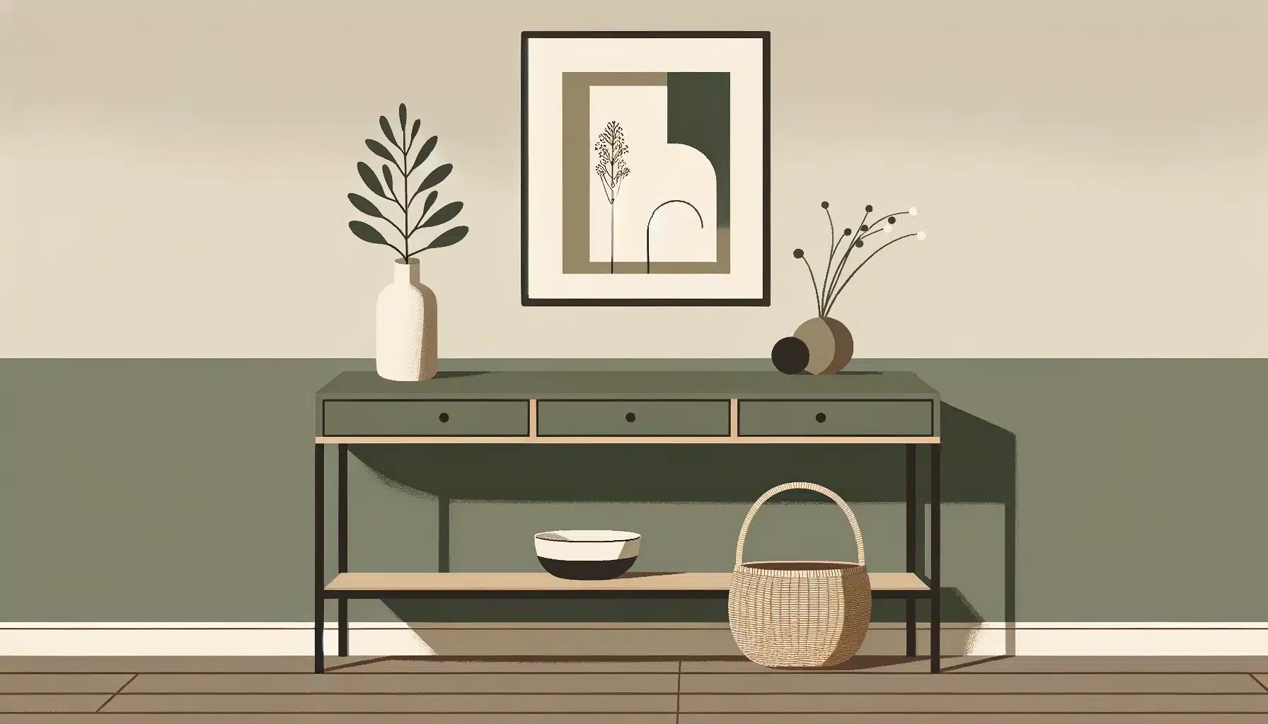 Simplified console table in flat design with a vase, basket, and monochrome art in a minimalist green and brown setting.