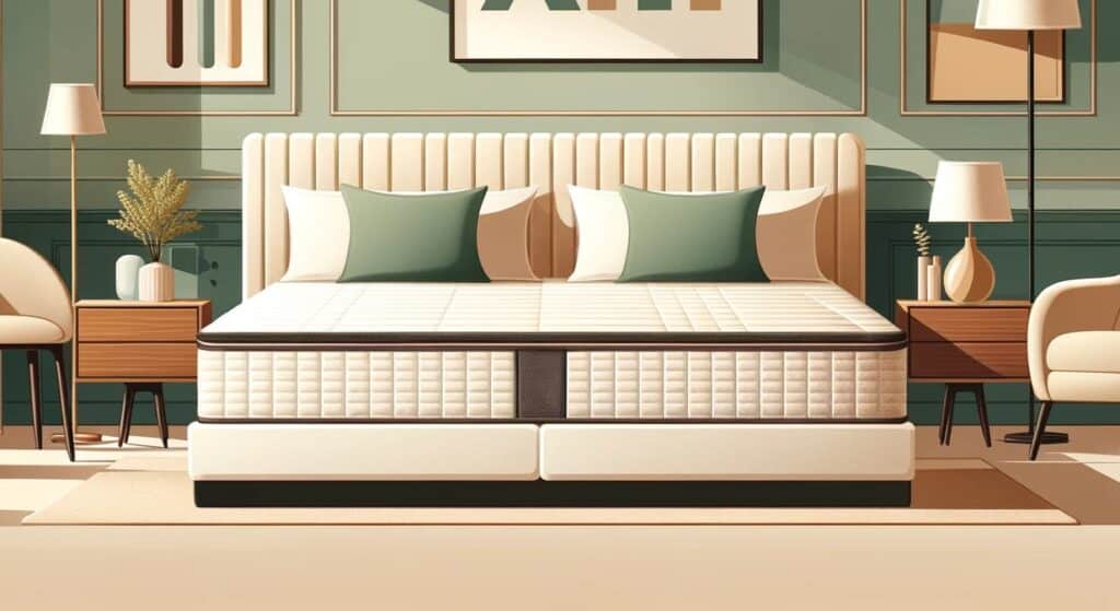 Flat design of a twin XL mattress in a tranquil bedroom with harmonious green and brown decor.




