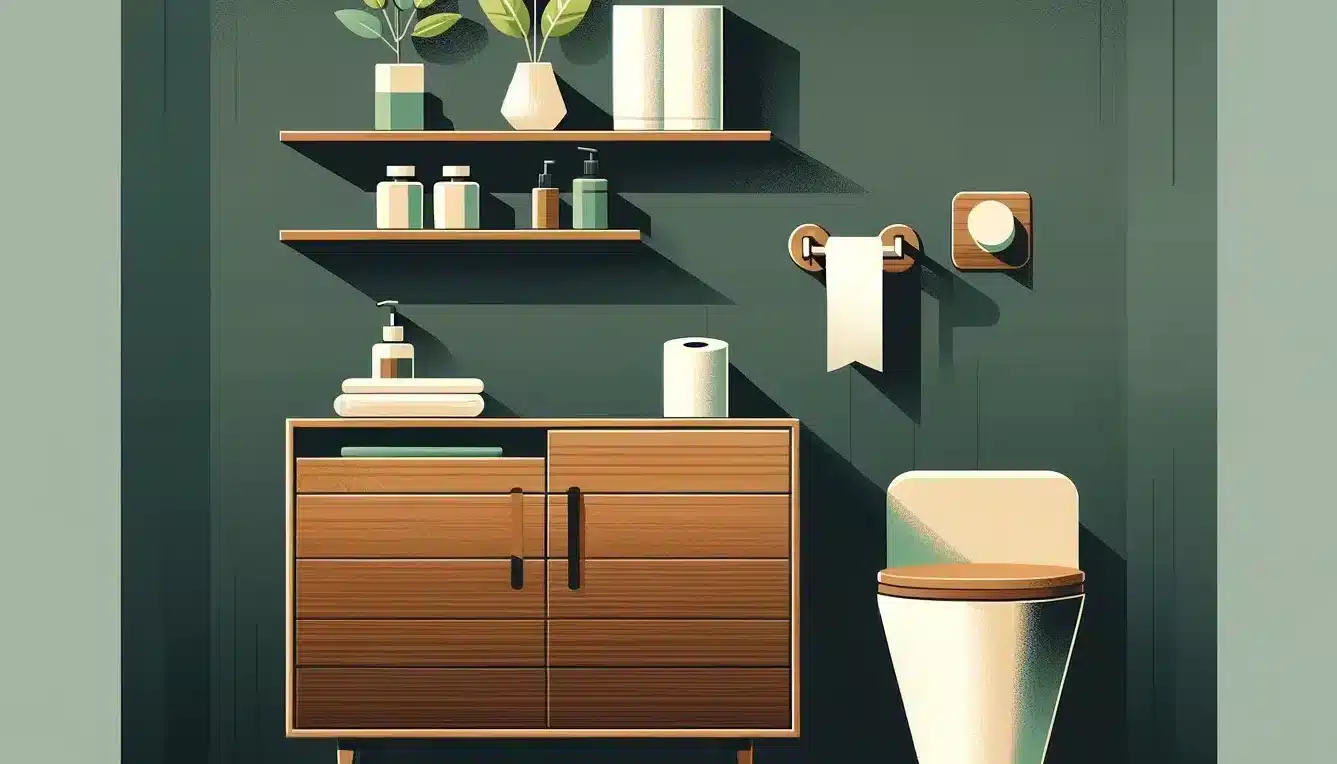 Modern bathroom with dark grey walls, hexagonal tiles, and a brown storage unit with toilet paper holder and green plant.