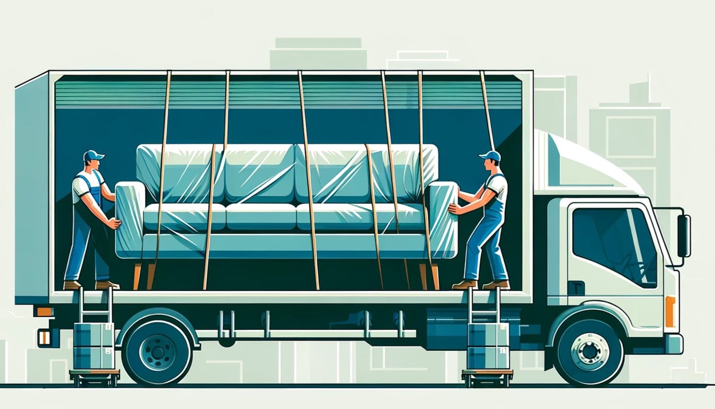 Movers in blue loading a wrapped couch into a truck, with a minimalist urban backdrop.


