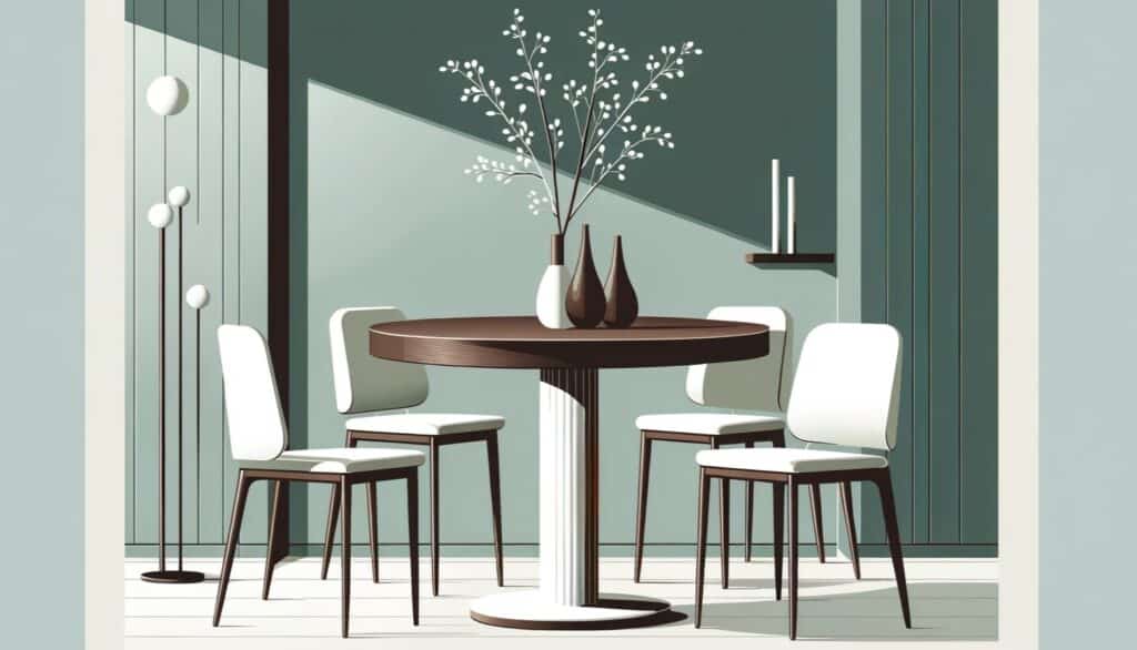 Elevated round table with tall chairs in a minimalist green and white flat design setting.