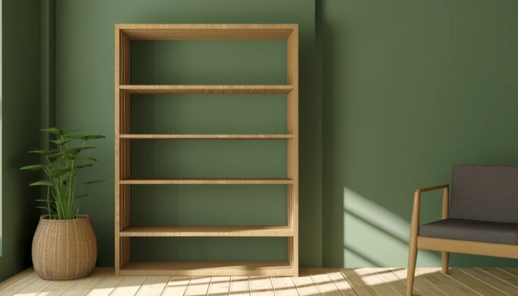 Empty light wood shelf in room with green walls and natural light.