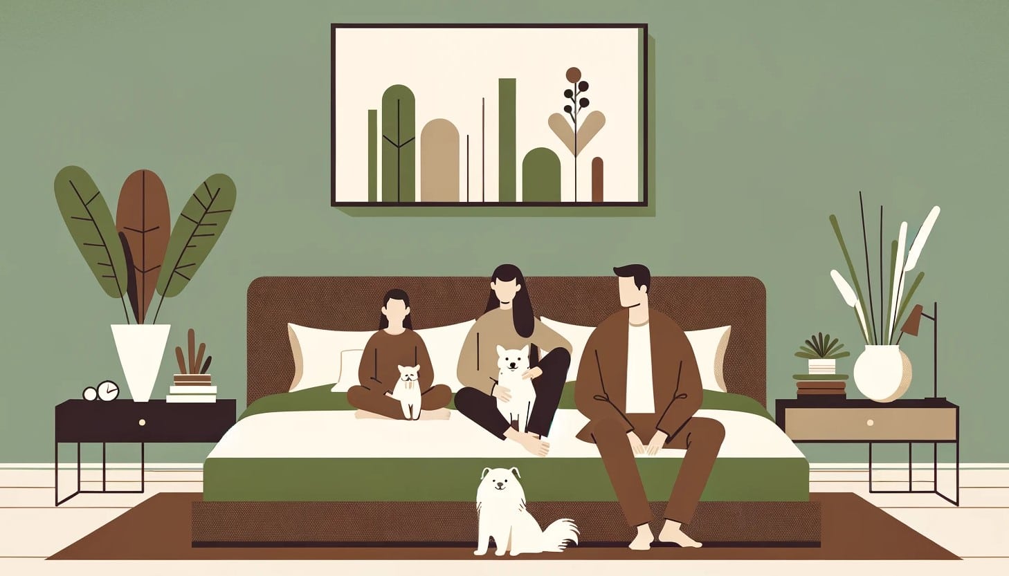 Family with pets on a wide bed, minimalist green and brown bedroom illustration.




