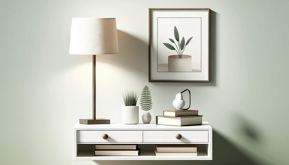 Modern flat design illustration of a cozy bedroom, featuring a floating nightstand with books and cup, in green and brown tones.