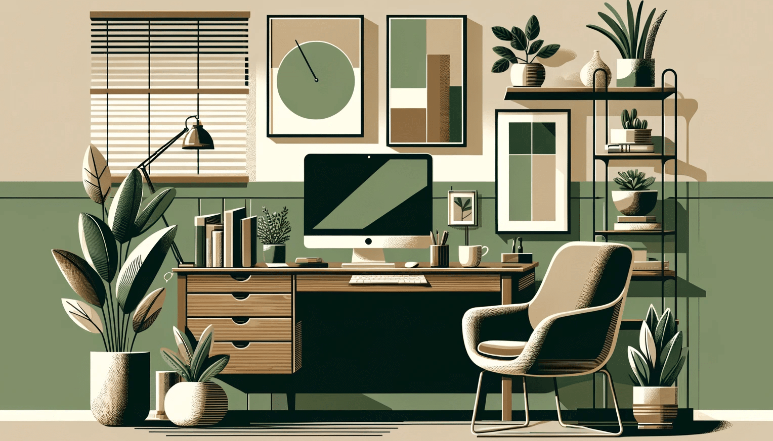 Minimalist home office illustration with earthy tones and modern decor.