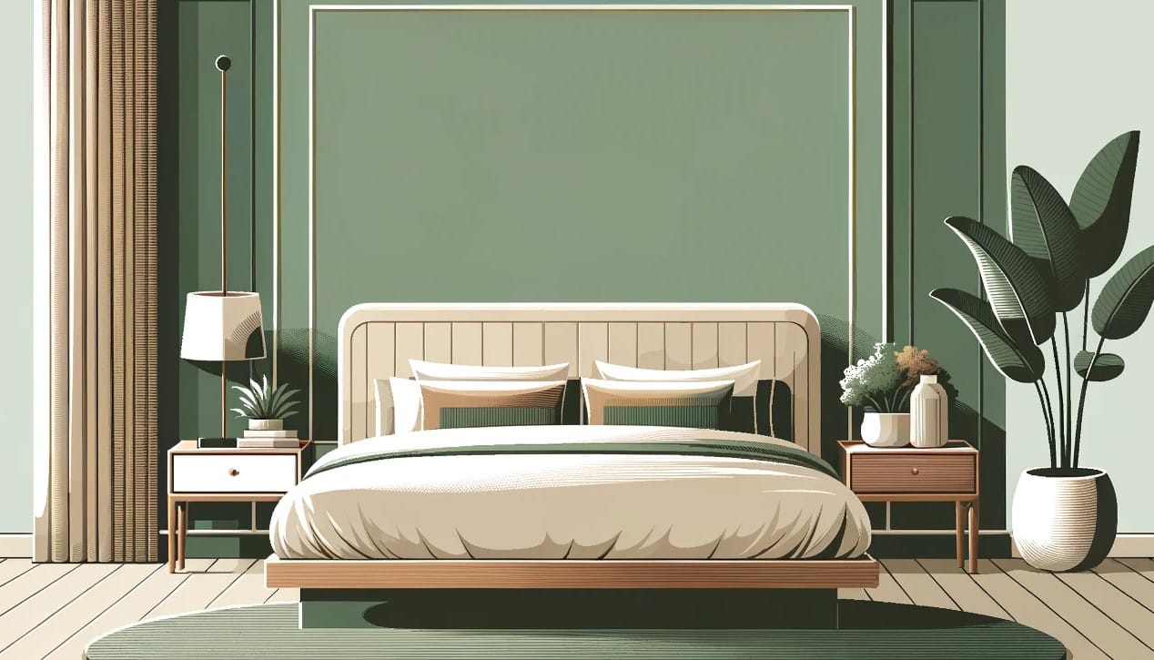 Minimalist bedroom illustration with oversized bed in green and brown tones.