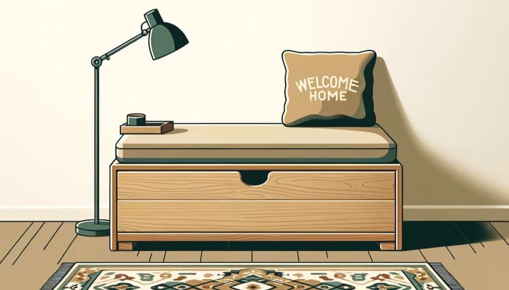 Minimalist light wood bench with beige 'Welcome Home' cushion and simplified geometric rug in flat design.