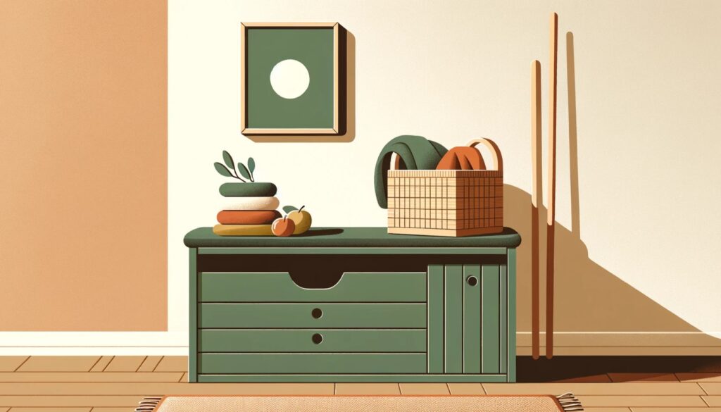 Modern green storage bench with terracotta towel and fruit basket in a minimalist beige room with wooden decor and brown rug.