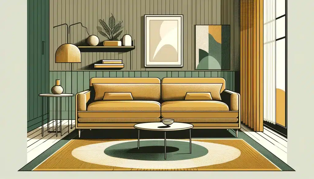 Minimalist living room with a mustard yellow couch, green and brown palette, and contemporary decor.



