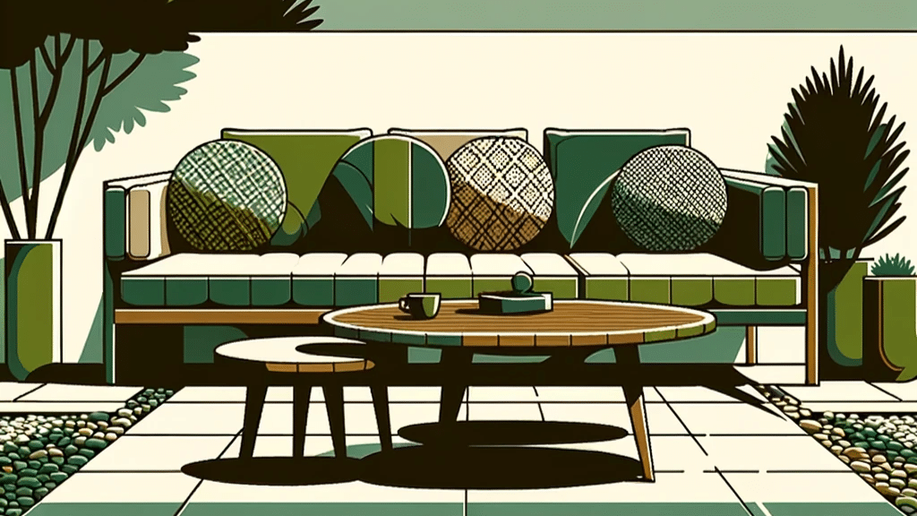 Abstract flat design of an outdoor sofa with blocky patterned cushions in a simplified garden.