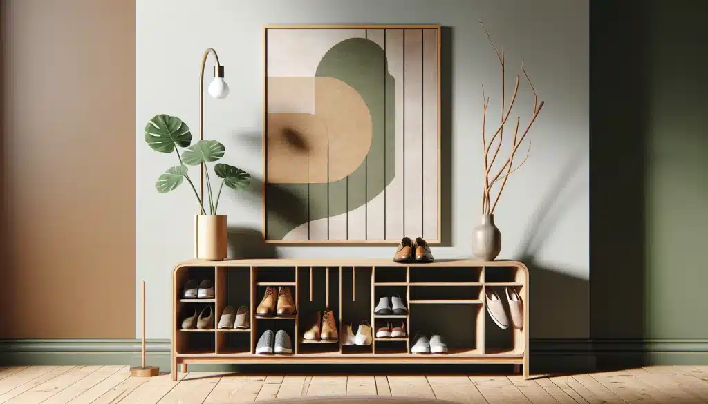 The shoe rack, constructed from light wood with visible grain, showcases a minimalist yet warm aesthetic.