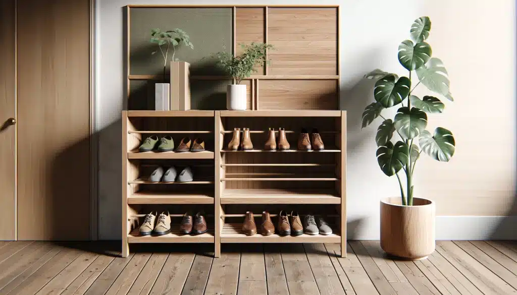  wooden shoe rack with clean lines and an uncluttered design, embracing a blend of contemporary minimalism