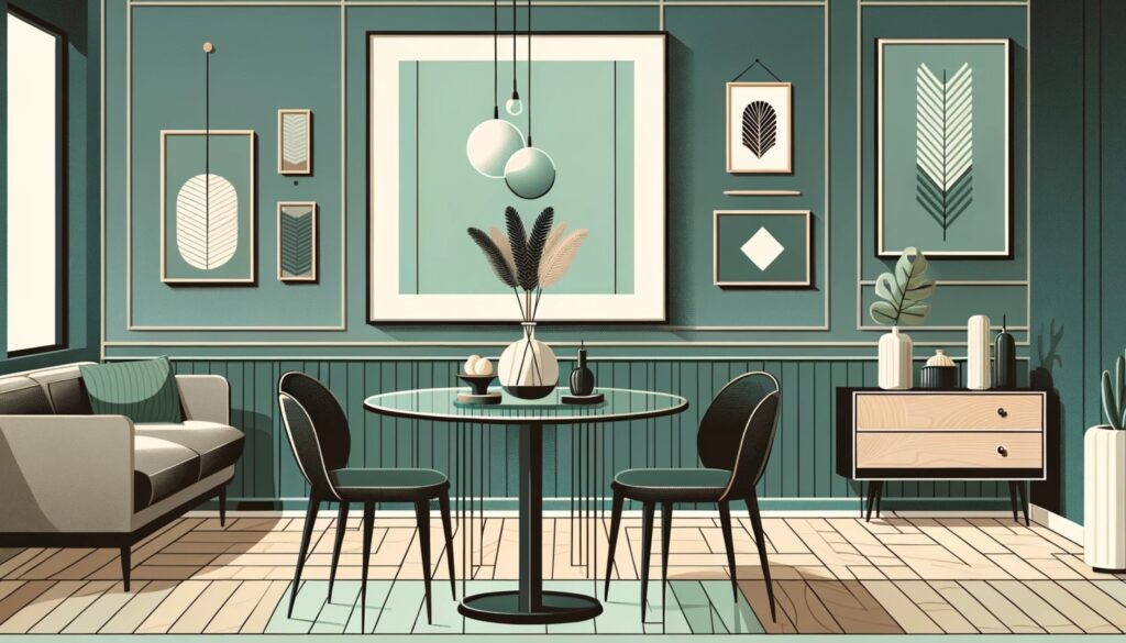 Sleek dining area with round glass table, black chairs, and teal blue wall, in minimalist style.