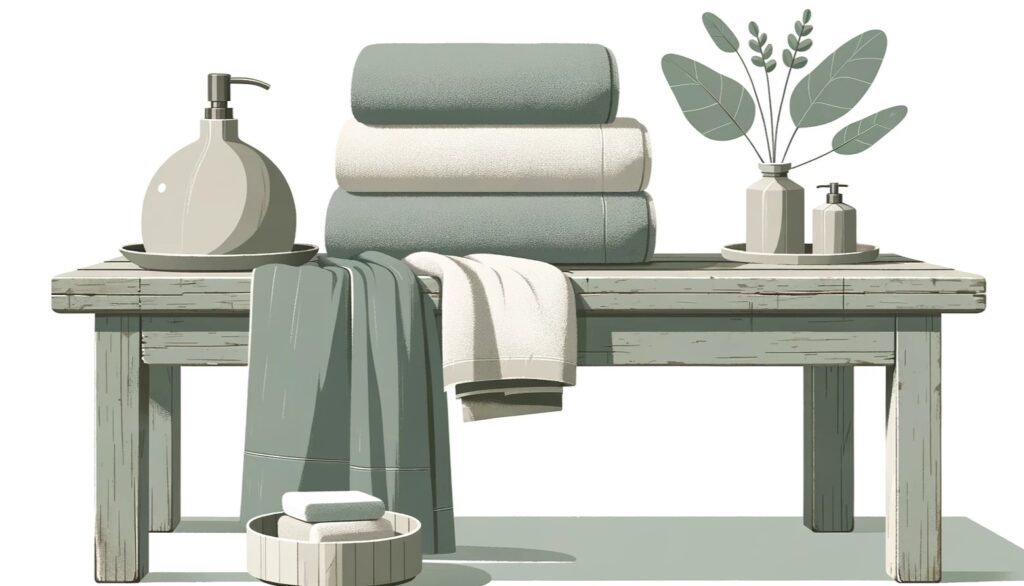 Stack of towels on a wooden bench with plant and soap.

