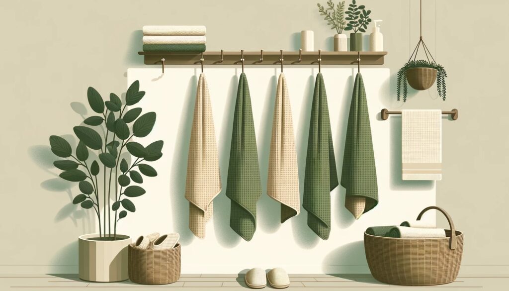 Tranquil bathroom illustration with green towels in 169 format.


