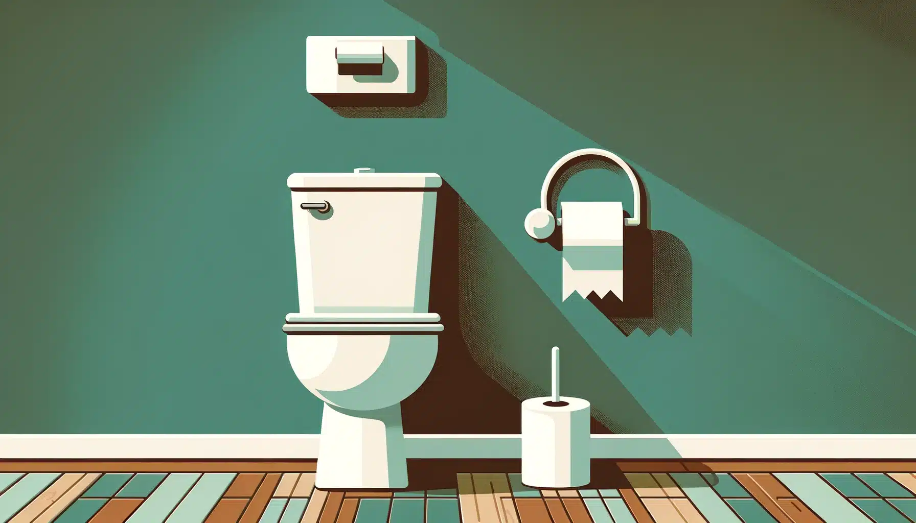 Minimalist bathroom interior with a white toilet and wall-mounted paper holder, shaded green walls, and brown wooden floor