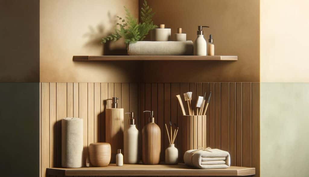 A serene corner shelf with minimalistic self-care items in a Japandi-style bathroom.