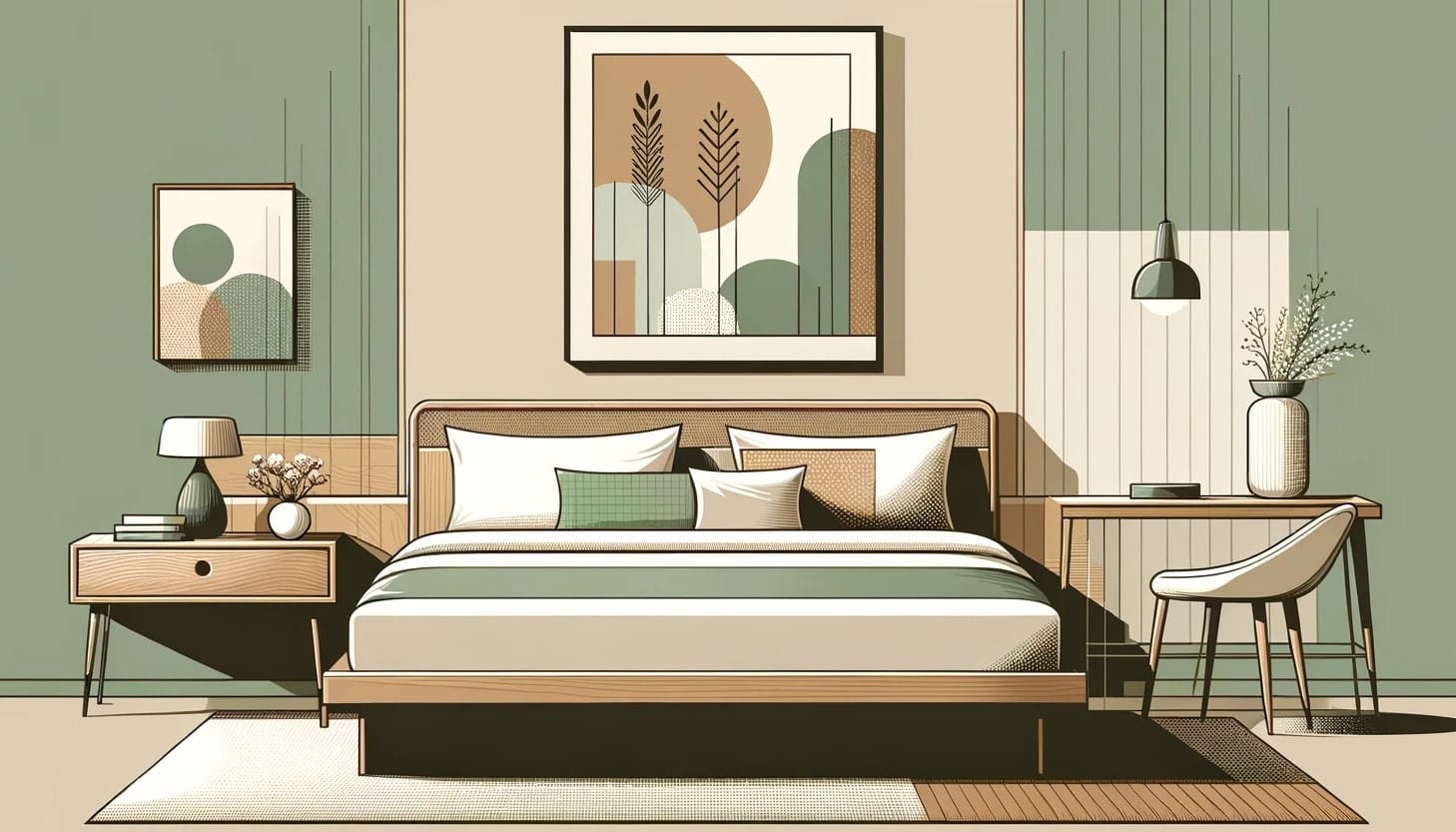 Minimalist bedroom illustration with twin bed, green and brown tones, and modern decor.