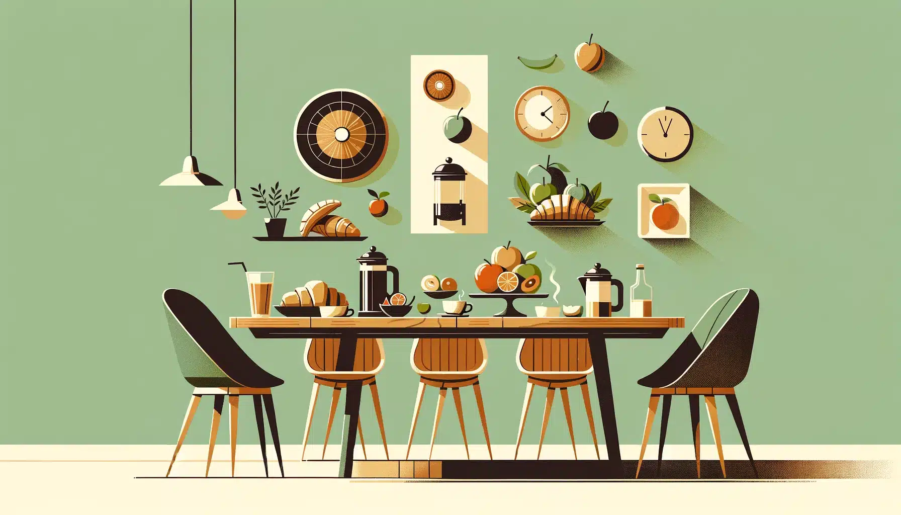 Minimalist dining area with wooden table set for breakfast in shades of green and brown.