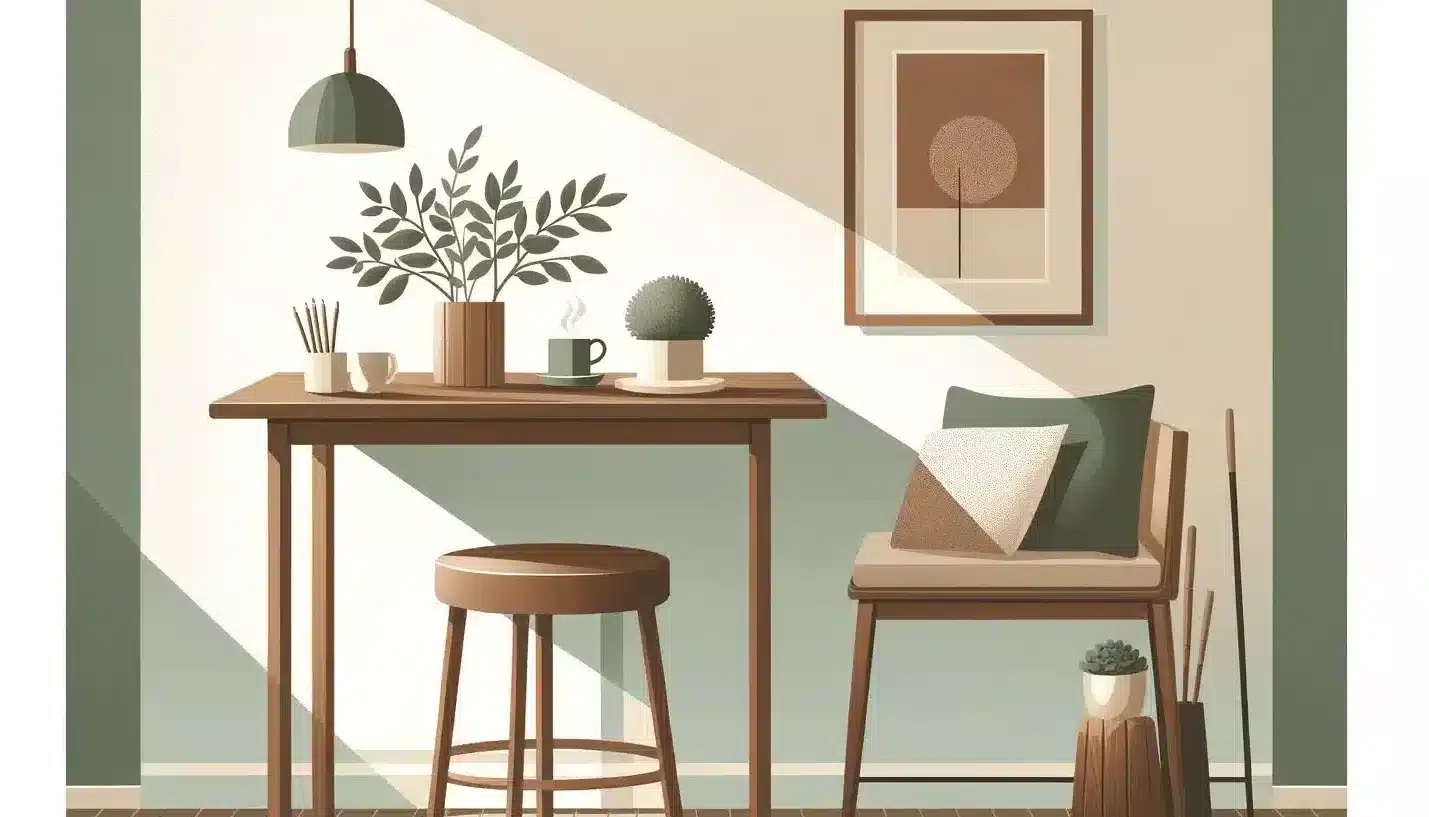  Modern minimalist illustration of a counter height table and stool, with green and brown tones, in a cozy home corner.




